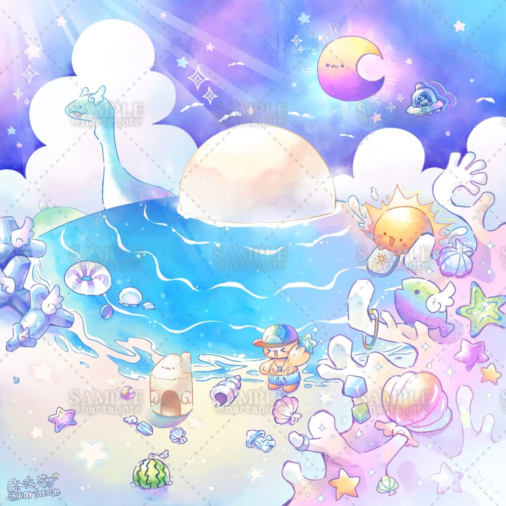 メルヘンな雰囲気のかわいいビーチのイラストです。