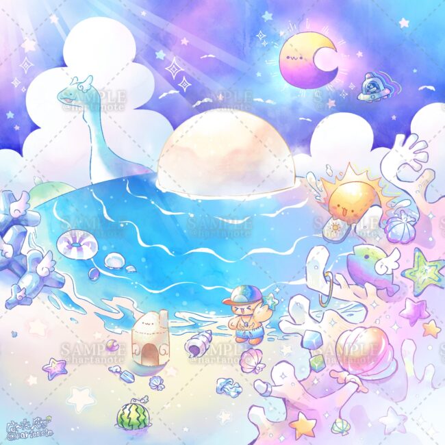 メルヘンな雰囲気のかわいいビーチのイラストです。