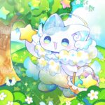 メルヘンな雰囲気のかわいいイラストです。かわいい妖精が星の形の実を木から収穫しています。