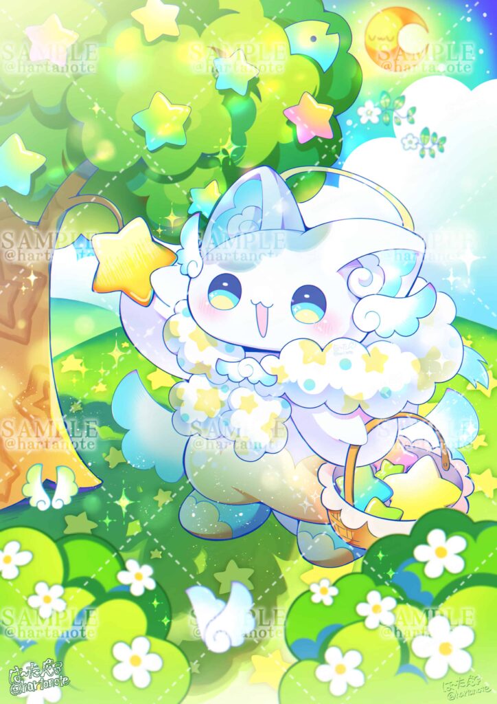 メルヘンな雰囲気のかわいいイラストです。かわいい妖精が星の形の実を木から収穫しています。