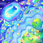 メルヘンな雰囲気のかわいい夜空のイラストです。魚が泳いでいます。