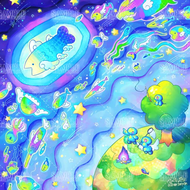 メルヘンな雰囲気のかわいい夜空のイラストです。魚が泳いでいます。