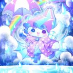 メルヘンな雰囲気のかわいいイラストです。雨を降らせる妖精が水溜りの上で楽しそうに踊っています。