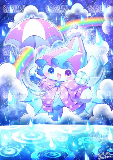 メルヘンな雰囲気のかわいいイラストです。雨を降らせる妖精が水溜りの上で楽しそうに踊っています。