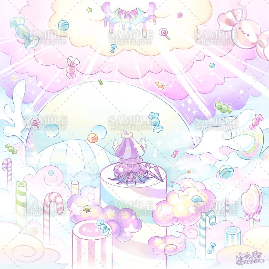 メルヘンな雰囲気のかわいい飴が降る丘のイラストです。