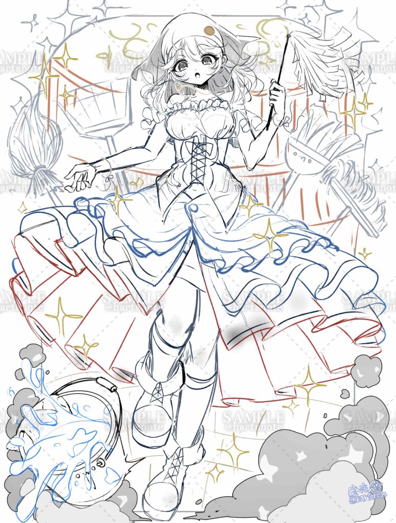 お掃除メイド　女の子　ゲームユニットイラスト　ラフ