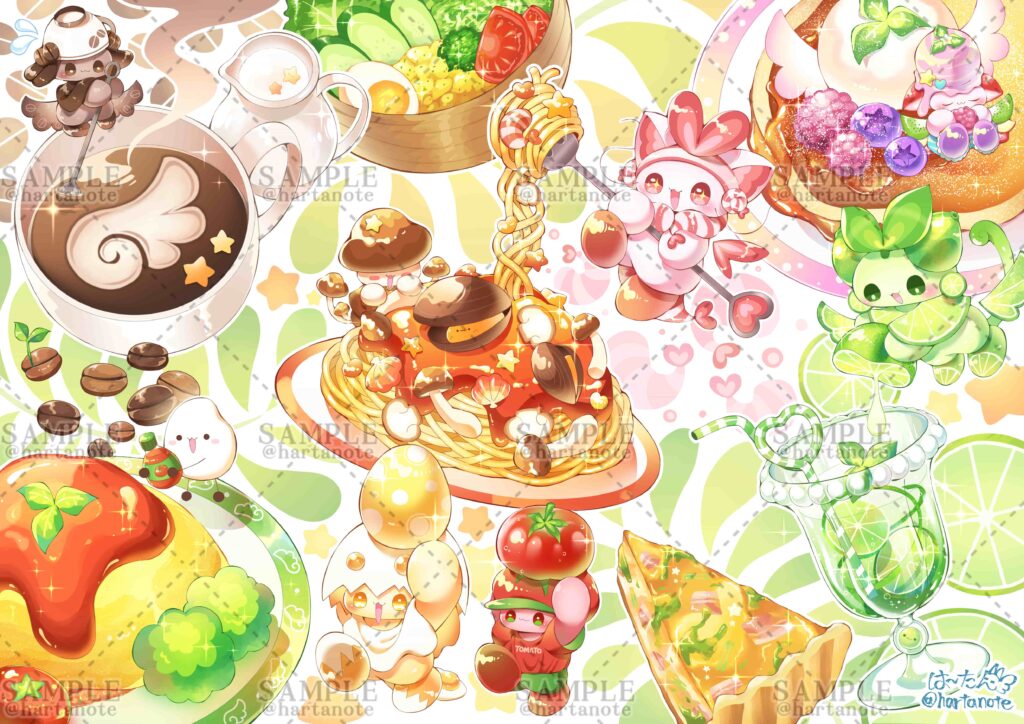 カフェの壁画用妖精マスコットイラスト。美味しそうな食べ物たちとそれを作る妖精たち。