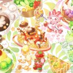 カフェの壁画用妖精マスコットイラスト。美味しそうな食べ物たちとそれを作る妖精たち。