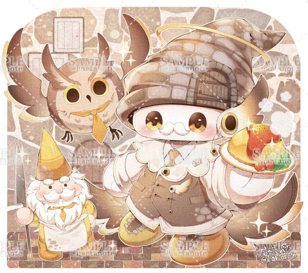 小人、フクロウをイメージしたかわいいマスコットキャラクターのイラスト。カフェのマスコット。
