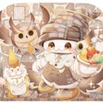 小人、フクロウをイメージしたかわいいマスコットキャラクターのイラスト。カフェのマスコット。