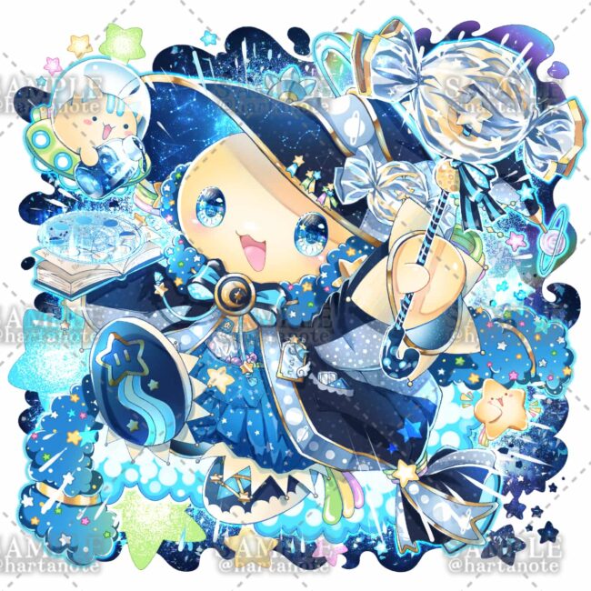 星や宇宙、魔法使いをイメージしたかわいいマスコットキャラクターのイラスト