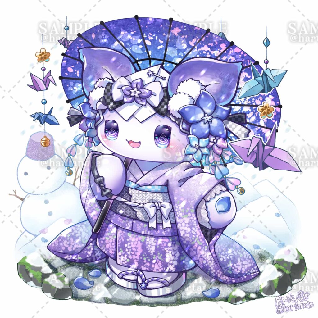 雪景色と桔梗の花をイメージしたかわいいマスコットキャラクターのイラスト