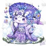 雪景色と桔梗の花をイメージしたかわいいマスコットキャラクターのイラスト