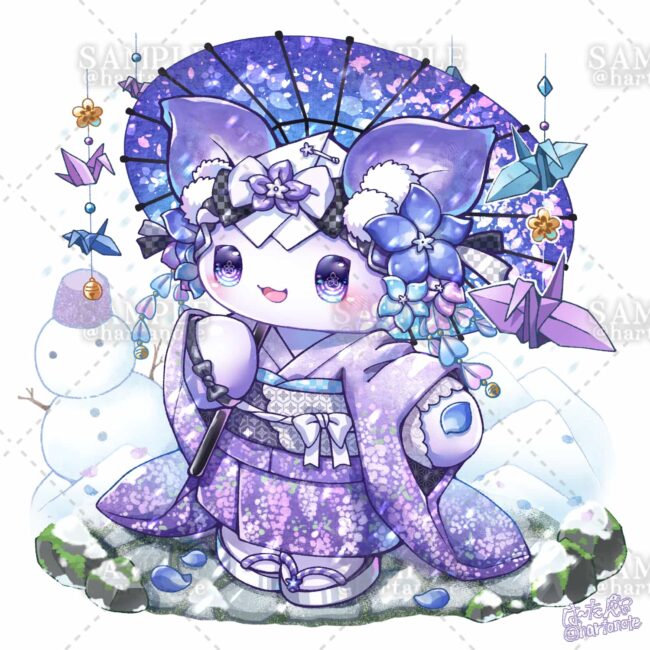 雪景色と桔梗の花をイメージしたかわいいマスコットキャラクターのイラスト