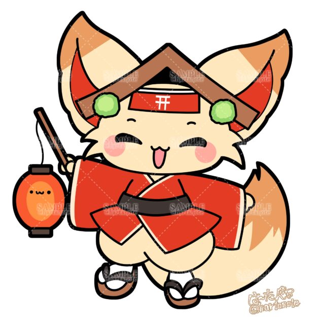 お祭りに現れるキツネのマスコットキャラクター