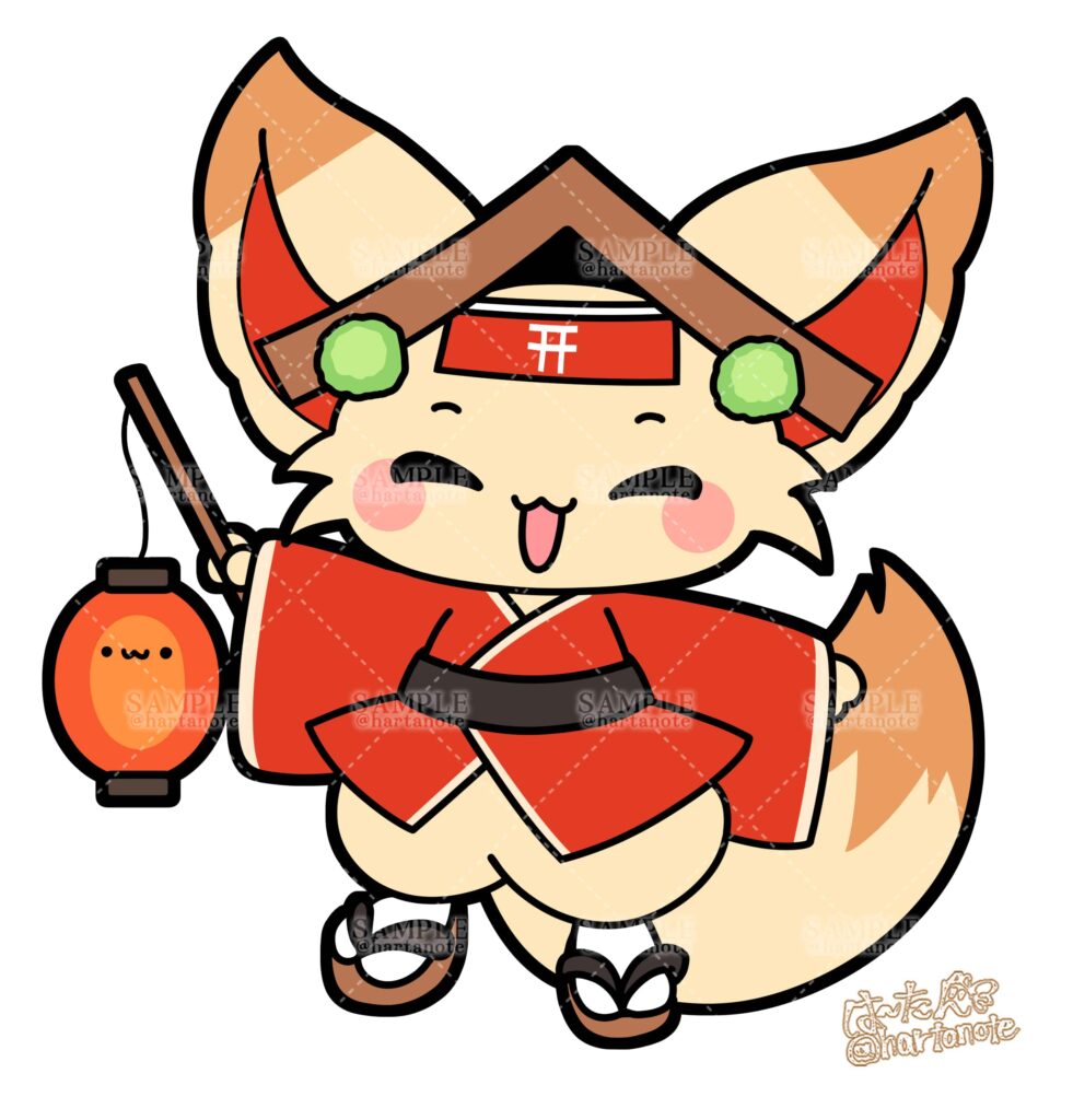 お祭りに現れるキツネのマスコットキャラクター