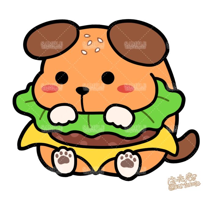 ハンバーガーのような犬のマスコットキャラクター