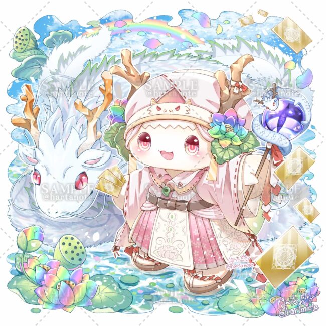 巫女、白い龍をイメージしたかわいいマスコットキャラクターのイラスト